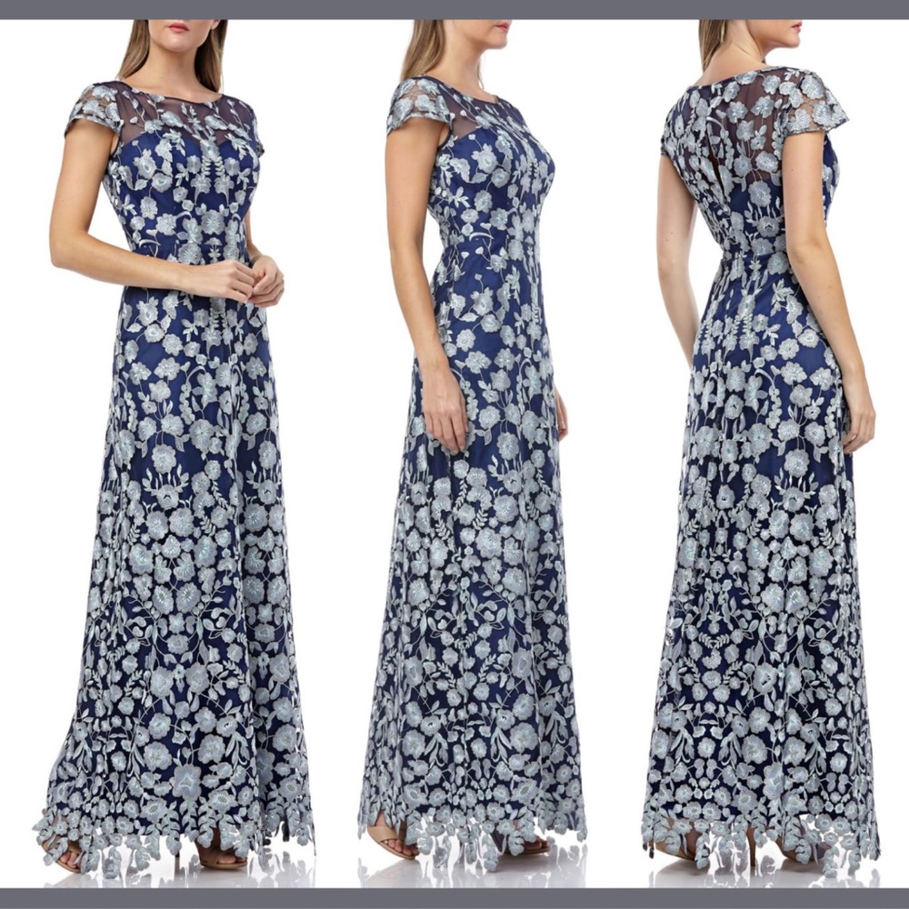 NEW $348 JS Collections Embroidered Lace Gown in Navy Blue/Mint [SZ 2‎ ]